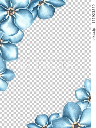 Frame of blue forget-me-not flowers. Hand-drawn watercolor illustration. For greeting cards and invitations for birthdays, anniversaries, or weddings. For packaging, labels, posters, and more. 131923889