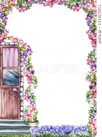 A frame with flowers and a Provence-style door. A hand-drawn watercolor illustration. For invitation and greeting cards, posters, and more. 131923911