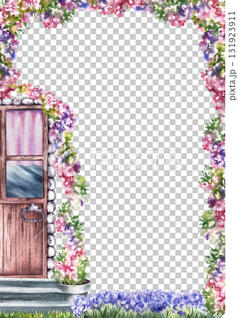 A frame with flowers and a Provence-style door. A hand-drawn watercolor illustration. For invitation and greeting cards, posters, and more. 131923911