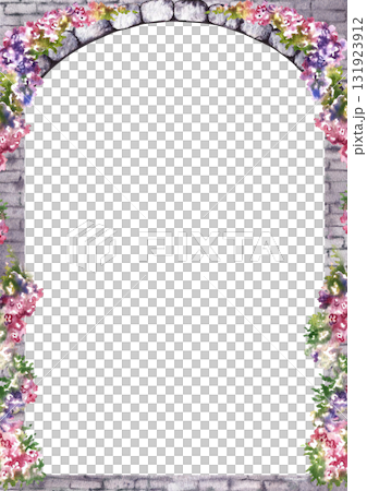 Arch frame with brick texture decorated with flowers. Hand-drawn watercolor illustration. Design element in the style of Provence. For invitation and greeting cards, poster, label, packaging and more 131923912