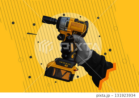 Creative pop art collage of a hand holding a cordless drill on a vibrant yellow background. Concept for DIY, construction work, labor day and power tools. Creative pop art collage of a hand holding a cordless drill on a vibrant yellow background. Concept for DIY, construction work, labor day and power tools. 131923934