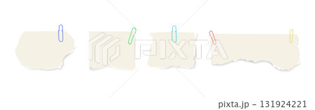 Paper notes with clips. Vector template with blank sheets, sticky notes, and ripped paper pieces for stationery, reminders, or collage design. Paper notes with clips. Vector template with blank sheets, sticky notes, and ripped paper pieces for stationery, reminders, or collage design. 131924221