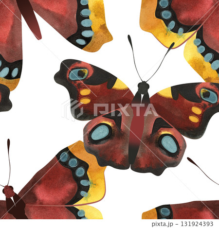 Peacock butterfly, Morning cloak or Nymphalis antiopa. Seamless watercolor pattern for printing on fabric, textiles, wrapping paper, bags, notebooks and notepads. 131924393