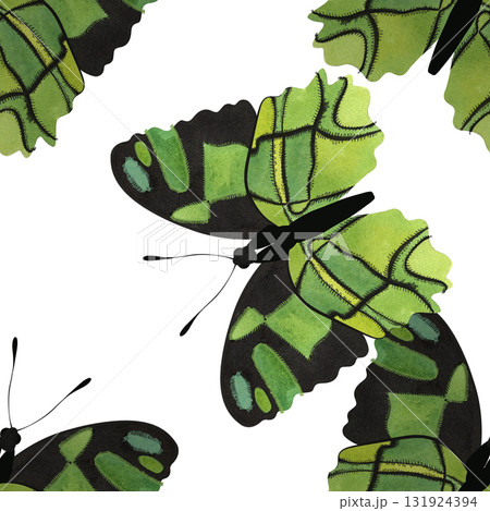 Malachite butterfly. Seamless watercolor pattern for printing on fabric, textiles, wrapping paper, bags, notebooks and notepads. Spring summer 2026 131924394