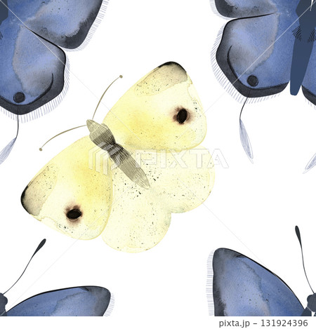 Long tailed Blue butterfly and Cabbage White or Pieris Rapae. Seamless watercolor pattern for printing on fabric, textiles, wrapping paper, bags, notebooks and notepads. Long tailed Blue butterfly and Cabbage White or Pieris Rapae. Seamless watercolor pattern for printing on fabric, textiles, wrapping paper, bags, notebooks and notepads. 131924396