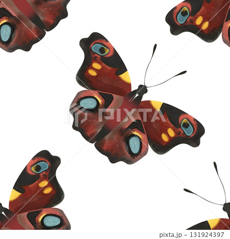 Peacock butterfly. Seamless watercolor pattern for printing on fabric, textiles, wrapping paper, bags, notebooks and notepads. Fashion print ss 2026 131924397