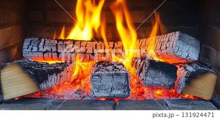 Cozy Cabin Interior with Glowing Fireplace, Warm Ambience, and Rustic Wood Decor for Winter Evenings 131924471