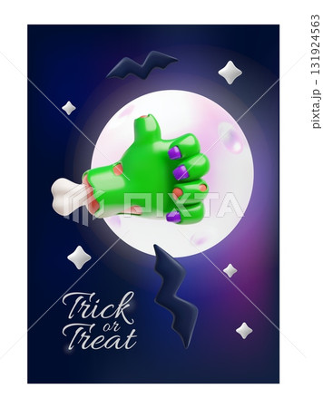 Trick or treat 3D cartoon vector poster, creepy zombie green hand thumbs up gesture, Halloween party, full moon and bats Trick or treat 3D cartoon vector poster, creepy zombie green hand thumbs up gesture, Halloween party, full moon and bats 131924563
