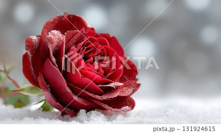 A beautiful crimson rose touched by frost surrounded by soft snowfall in a serene winter scene. 131924615