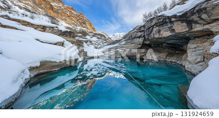 Serene Winter Lake Reflections Majestic Mountain Views, Pristine Snowscapes, and Mirror-like Waters 131924659