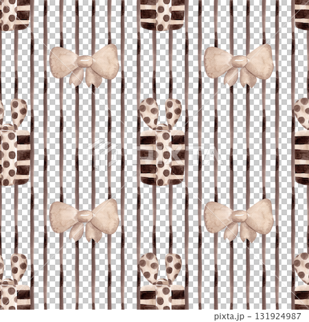 Modern striped seamless pattern. Thin vertical brown watercolor stripe and multi-colored bows with gift boxes. A simple and straightforward print for pillows, tablecloths, and other fabrics Modern striped seamless pattern. Thin vertical brown watercolor stripe and multi-colored bows with gift boxes. A simple and straightforward print for pillows, tablecloths, and other fabrics 131924987