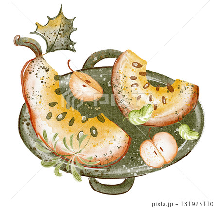 Sliced pumpkin with seeds on a plate. Watercolor artwork for Thanksgiving, vegan or vegetarian cuisine, roasted or cooked, suitable for menu design and culinary projects. Sliced pumpkin with seeds on a plate. Watercolor artwork for Thanksgiving, vegan or vegetarian cuisine, roasted or cooked, suitable for menu design and culinary projects. 131925110