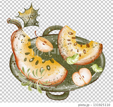 Sliced pumpkin with seeds on a plate. Watercolor artwork for Thanksgiving, vegan or vegetarian cuisine, roasted or cooked, suitable for menu design and culinary projects. Sliced pumpkin with seeds on a plate. Watercolor artwork for Thanksgiving, vegan or vegetarian cuisine, roasted or cooked, suitable for menu design and culinary projects. 131925110