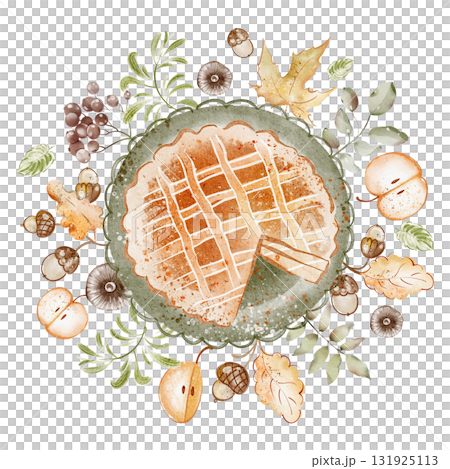 Apple pie with leaves in watercolor style. Dessert, pastry, fruitcake, baking, homemade, autumn background. Menu design, postcard, invitation, cafe illustration. 131925113