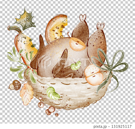 Fried turkey with apples, pumpkin, and parsley in a basket. Watercolor drawing for Thanksgiving celebration, dinner, and holiday meal planning. Isolated illustration for graphic design and menu design 131925117