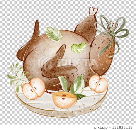 Fried turkey on a plate with apples. Watercolor illustration for Thanksgiving. Includes meal, poultry, herbs, and dinner elements. Top view of dish for menu or cooking projects. Fried turkey on a plate with apples. Watercolor illustration for Thanksgiving. Includes meal, poultry, herbs, and dinner elements. Top view of dish for menu or cooking projects. 131925119