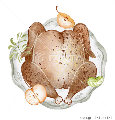 Watercolor illustration of fried turkey with apples on plate. Thanksgiving dish with poultry, herbs, and meal items. Perfect for menus, recipes, and holiday projects. Watercolor illustration of fried turkey with apples on plate. Thanksgiving dish with poultry, herbs, and meal items. Perfect for menus, recipes, and holiday projects. 131925121
