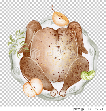 Watercolor illustration of fried turkey with apples on plate. Thanksgiving dish with poultry, herbs, and meal items. Perfect for menus, recipes, and holiday projects. 131925121