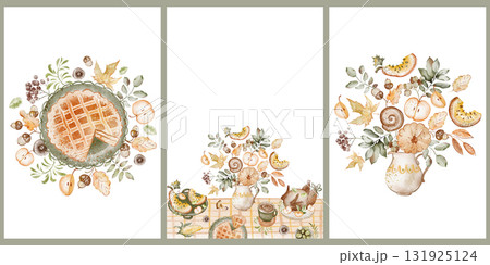 Thanksgiving card and frame collection in watercolor. Features food, pumpkin, turkey, autumn table, feast, invitations, banners, and seasonal illustration for posters and holiday designs. 131925124