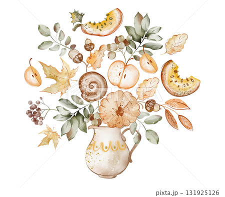 Autumn bouquet watercolor illustration with leaves, berries, apple, pumpkin, and flowers. Ideal for greeting cards, invitations, seasonal decoration, harvest posters, and mockups. Autumn bouquet watercolor illustration with leaves, berries, apple, pumpkin, and flowers. Ideal for greeting cards, invitations, seasonal decoration, harvest posters, and mockups. 131925126