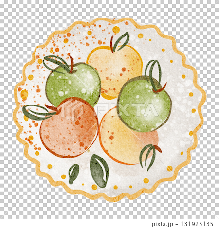 Hand painted watercolor illustration of a plate with apples. Isolated still life clip art for food design, cooking books, menu, and market themes. Top view composition with fresh fruits. 131925135