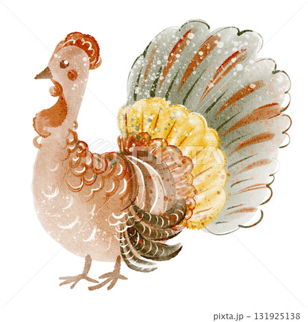 Cartoon watercolor illustration of a turkey bird standing with tail feathers. Hand drawn farm poultry for Thanksgiving, food, holiday design. Isolated clipart element for invitation, poster, sticker. 131925138