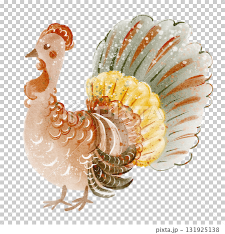 Cartoon watercolor illustration of a turkey bird standing with tail feathers. Hand drawn farm poultry for Thanksgiving, food, holiday design. Isolated clipart element for invitation, poster, sticker. 131925138