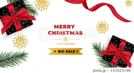 Christmas Sale background with present and golden snowflakes .. 131925146