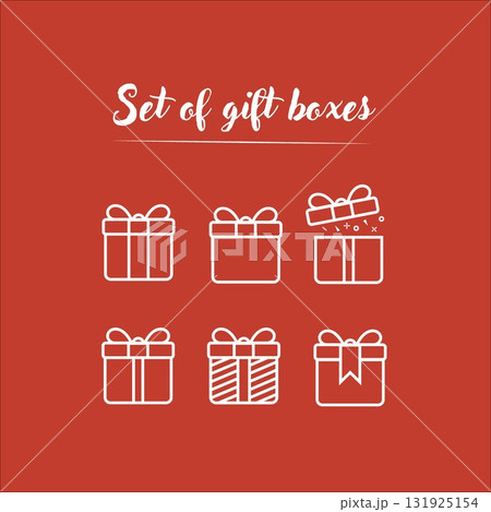 Set Of Gift Boxes Illustration: White Line Icons On Red Background For Holiday Cheer Set Of Gift Boxes Illustration: White Line Icons On Red Background For Holiday Cheer 131925154
