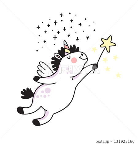 Cute cartoon unicorn with magic wand vector doodle illustration 131925166