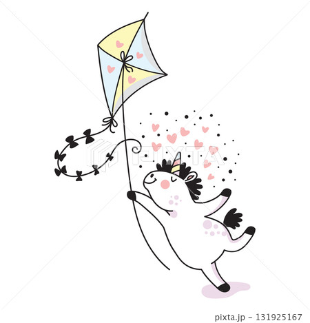 Cute cartoon unicorn with kite vector doodle illustration Cute cartoon unicorn with kite vector doodle illustration 131925167