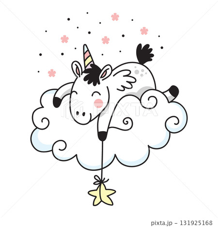 Cute unicorn on a cloud holding a star vector doodle illustration Cute unicorn on a cloud holding a star vector doodle illustration 131925168
