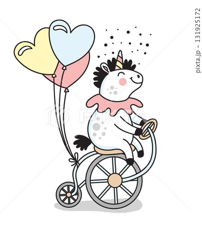 Cute unicorn on a bike a star balloons vector doodle illustration 131925172