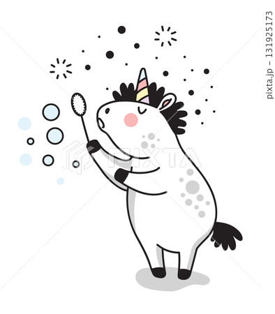 Cute unicorn blowing soap bubbles vector doodle illustration Cute unicorn blowing soap bubbles vector doodle illustration 131925173