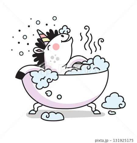 Cute unicorn takes a bubble bath vector doodle illustration 131925175