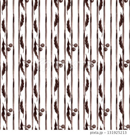 Modern striped seamless pattern. Thin vertical brown watercolor stripe and berry branches. A simple and straightforward print for pillows, tablecloths, and other fabrics. Contemporary style Modern striped seamless pattern. Thin vertical brown watercolor stripe and berry branches. A simple and straightforward print for pillows, tablecloths, and other fabrics. Contemporary style 131925213