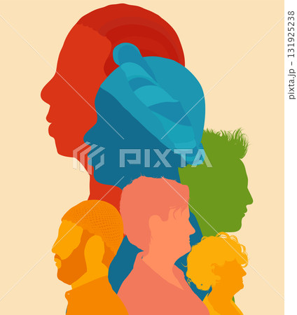 Unity and equality represented through colorful multicultural human silhouettes in profile Unity and equality represented through colorful multicultural human silhouettes in profile 131925238