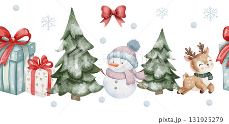 Seamless watercolor winter border with snowy Christmas tree, cute snowman in hat and scarf, reindeer, red and green gift boxes, and bow on white background in childlike style 131925279