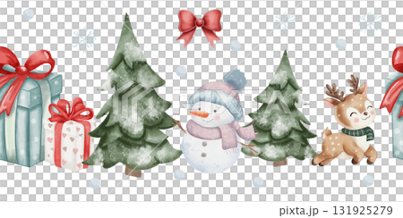 Seamless watercolor winter border with snowy Christmas tree, cute snowman in hat and scarf, reindeer, red and green gift boxes, and bow on white background in childlike style 131925279