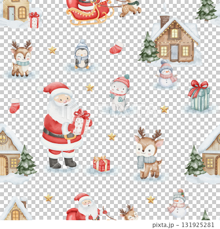 Seamless watercolor Christmas pattern with Santa Claus, reindeer, snowmen, penguin, polar bear, houses, trees, and gifts. Cute winter holiday design on white background for kids and decor 131925281