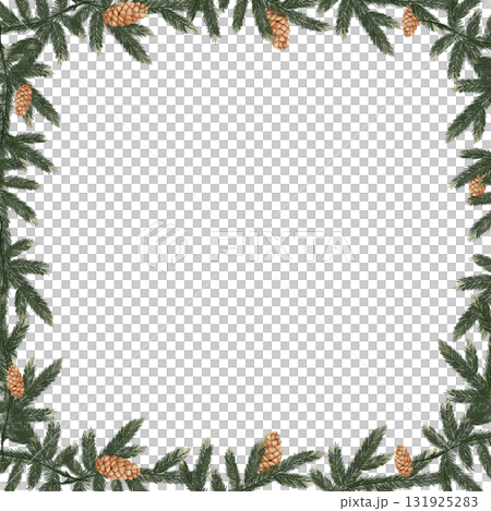 Hand drawn square watercolor frame of natural spruce branches and pine cones. festive Christmas border with space for text in center. Isolated on white background for invitations, holiday designs. 131925283