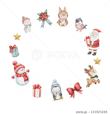 Watercolor Christmas wreath. round frame snowman in red hat, reindeer, penguin, Santa Claus, bear, bunny, bullfinch, gifts, gold star, red bow and poinsettia. white background with empty for text 131925284