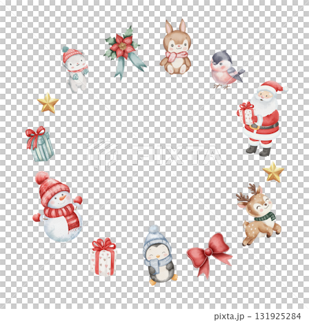 Watercolor Christmas wreath. round frame snowman in red hat, reindeer, penguin, Santa Claus, bear, bunny, bullfinch, gifts, gold star, red bow and poinsettia. white background with empty for text 131925284