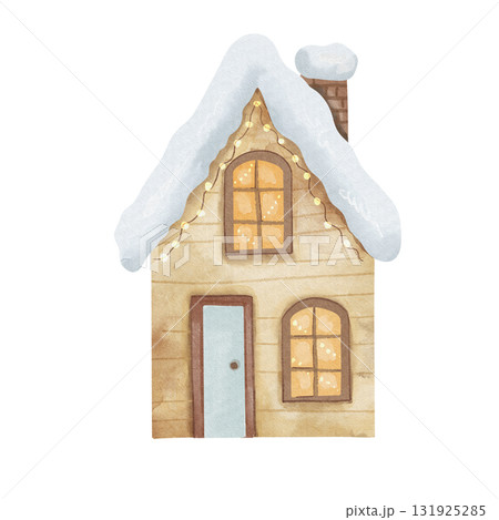 Hand drawn watercolor illustration of magical two-story wooden house. Fairy tale cottage features brick chimney, illuminated windows, snowy roof, winter Christmas scene. Isolated on white background. 131925285