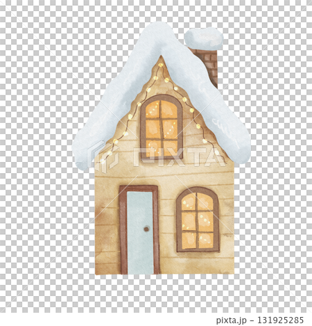 Hand drawn watercolor illustration of magical two-story wooden house. Fairy tale cottage features brick chimney, illuminated windows, snowy roof, winter Christmas scene. Isolated on white background. 131925285