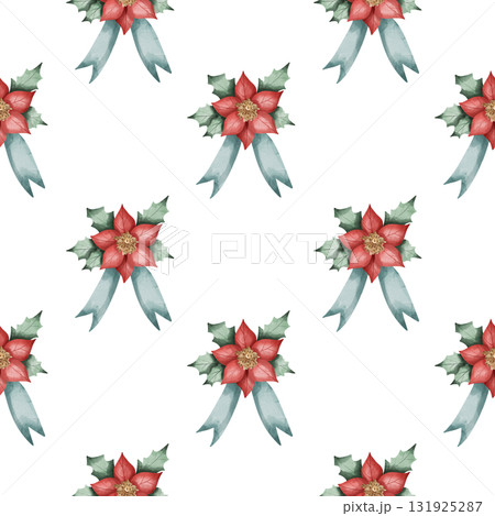 Seamless watercolor pattern with red poinsettia flowers and green bows. traditional Christmas motifs. Hand drawn illustration on white background. For holiday wrapping paper, decorations. Repeat 131925287