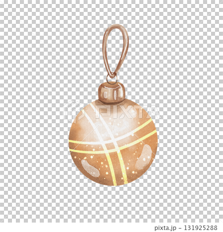 Elegant and shiny gold Christmas tree ball ornament. Beautiful watercolor illustration of glossy glass bauble with ornament cap, perfect for festive holiday designs. Isolated on white background 131925288