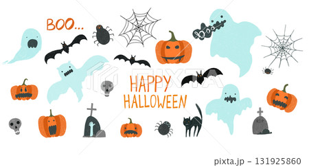 Cute crayon pencils drawing Halloween Party elements. Big set of cartoon ghosts, pumpkins, skulls, bats, spiders, cat for greeting cards design, stickers, banners decor, holiday flyer Cute crayon pencils drawing Halloween Party elements. Big set of cartoon ghosts, pumpkins, skulls, bats, spiders, cat for greeting cards design, stickers, banners decor, holiday flyer 131925860