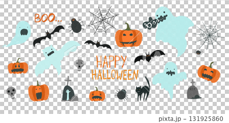 Cute crayon pencils drawing Halloween Party elements. Big set of cartoon ghosts, pumpkins, skulls, bats, spiders, cat for greeting cards design, stickers, banners decor, holiday flyer Cute crayon pencils drawing Halloween Party elements. Big set of cartoon ghosts, pumpkins, skulls, bats, spiders, cat for greeting cards design, stickers, banners decor, holiday flyer 131925860