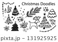 Christmas line icons, Xmas doodle, winter set outline design. Holiday decoration elements of candles, fir tree, pine, deer and snowflakes. Season vector illustration 131925925